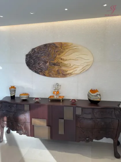 A closer view of "The Enchanted Abyss" over a console. The transition from dark, complex textures to smooth, golden calm is central to this piece's narrative of transformation.