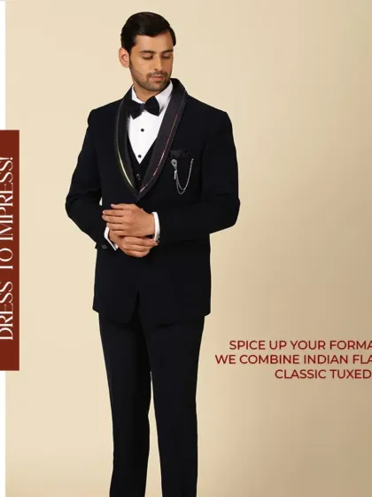 Walk into the cocktail party in style. This black tuxedo with a shawl collar and chain accessory is the perfect blend of sophistication and fun.