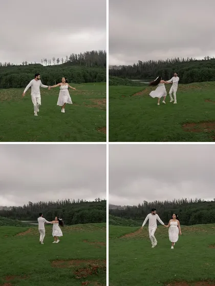 A sequence of the couple running and dancing through a field. This collage captures their playful energy and the carefree joy of being in love in a beautiful, open space.