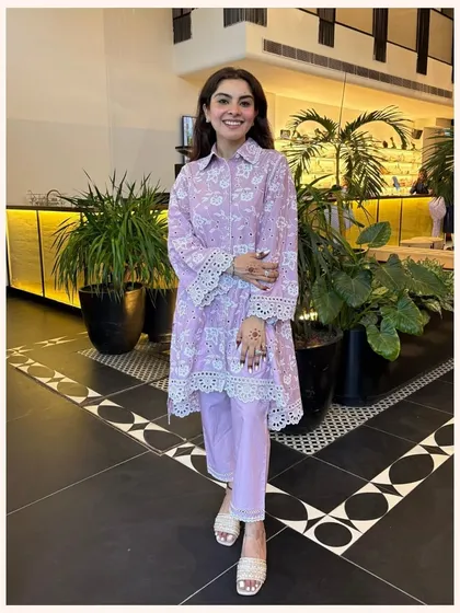 This lavender co-ord set is a customer favorite. The relaxed-fit shirt and matching pants are made from my signature soft cotton with delicate lace details.