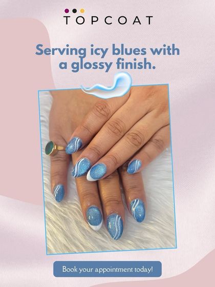 Serving icy blues with a glossy finish. This cool design features a glittery blue base with clean, white swirl accents for a look that stands out.