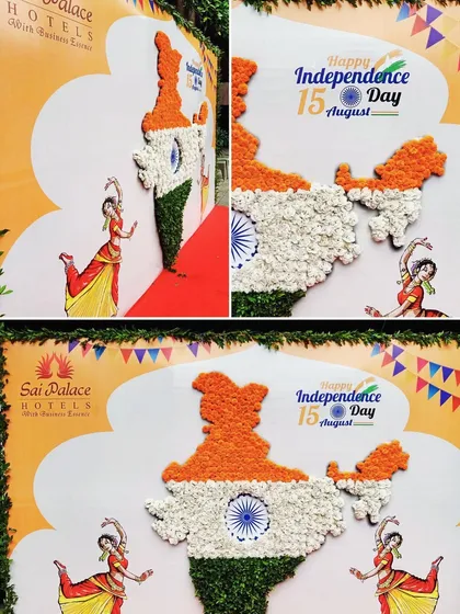A patriotic floral installation of the map of India, created for an Independence Day celebration at Sai Palace Hotels. This custom piece, made entirely of flowers, served as a unique and meaningful photo backdrop.