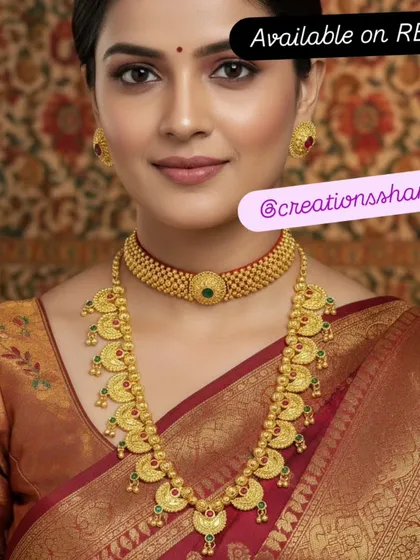 For a timeless and traditional look, my Maharashtrian jewellery collection is perfect. This set features a classic Thushi choker and a matching long haar, designed to complement a traditional Paithani saree beautifully.