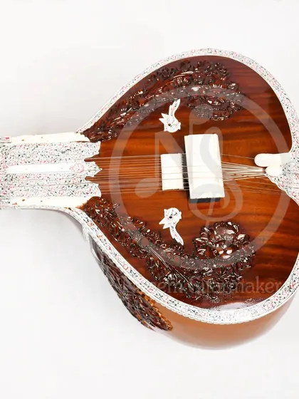 The main body (tumba) of a Pandit Ravi Shankar style sitar, showing the detailed carving and inlay work.