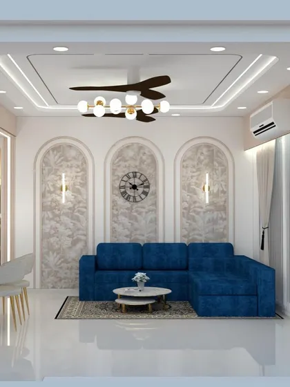 A 3D render showcasing a variation of the living room design, with patterned wallpaper inside the arched wall panels. This helps clients visualize different options for personalization.