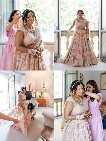 A collage of getting-ready moments. Our on-site team ensures every detail of the bride's look, from her jewelry to the drape of her dupatta, is perfect.