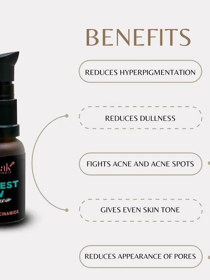 Here are the key benefits of my Forest Dew Face Serum. It's a multi-tasking product that reduces hyperpigmentation and dullness, fights acne spots, and evens out your skin tone. It's your secret weapon for reducing the appearance of pores and achieving a flawless finish.