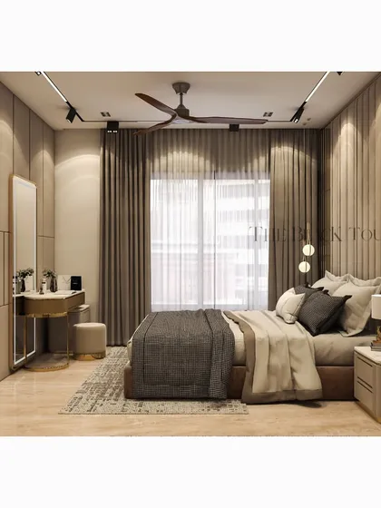 A final look at the 3D bedroom design, emphasizing the balance of textures and colors. The combination of soft fabrics, wood tones, and metallic accents results in a truly sophisticated space.