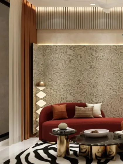 Another view of the bold living room, highlighting the dramatic floor lamp and the rich textures of the sofa and rug. This design proves that you don't have to be afraid of color and pattern to create a sophisticated space.