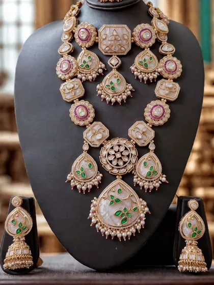 I adore unique pieces like this. This bridal set features exquisite white and green meenakari work, offering a fresh and elegant alternative to traditional colours for your wedding day.