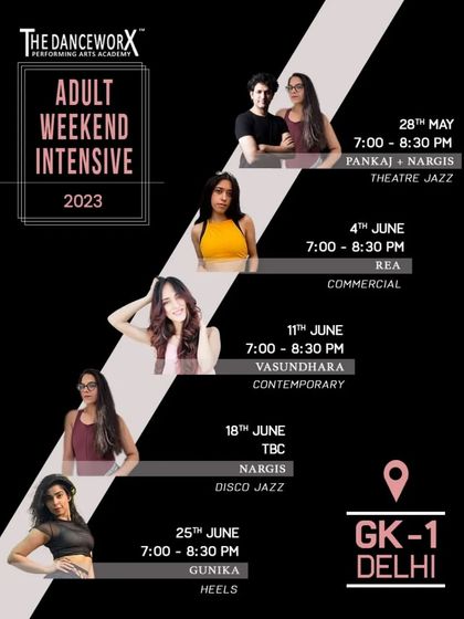 The lineup for our GK-1 Delhi Adult Weekend Intensive, showcasing a range of styles from Theatre Jazz to Disco Jazz.