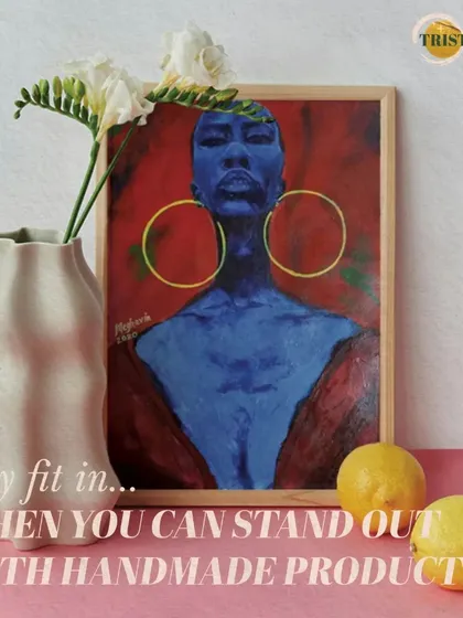 I love creating portraits that stand out, and this piece is all about that energy. Using acrylics, I played with a bold blue skin tone and a vibrant red background to create a feeling of strength and confidence. It shows how I use color to express an inner state rather than just a physical likeness.
