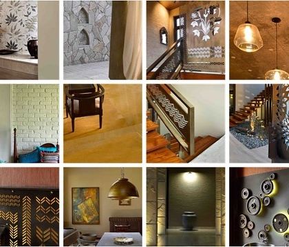 This collage shows the details that form the connected narrative of a home. You can see the interplay of Sanjhi-inspired laser-cut screens, earthy Jaisalmer stone, and hand-painted wallpaper, all coming together to tell a single story.