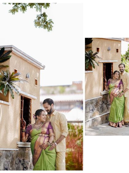 A diptych showing the expecting couple posing together near their home. These portraits capture the comfort and joy of celebrating this milestone in a familiar, personal space.