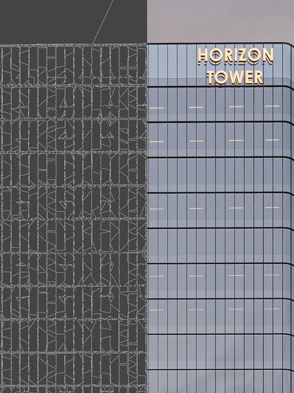 A technical view showing the wireframe and final render of the Horizon Tower's facade. This highlights the precision and complexity involved in creating the seamless, curved glass exterior.