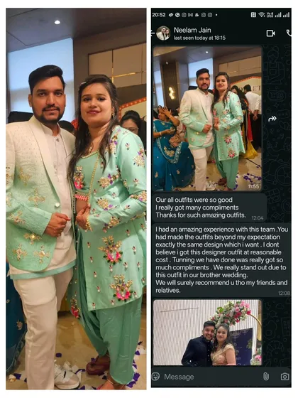 We love a power couple! For Neelam and Sanjay, we designed these matching mint-green outfits from scratch for their brother's wedding. Seeing our clients stand out and receive compliments is the best part of what we do. Let's create a coordinated look for you and your partner!