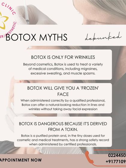This graphic debunks common myths about Botox. When administered by a qualified dermatologist like myself, it is a safe procedure that delivers natural-looking wrinkle reduction without a 'frozen' appearance.
