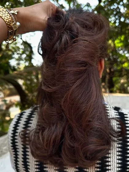 Holiday ready in 'Chocolate Truffle'. This set shows the transformation from grown-out color to a rich, dark chocolate brown. I also included a shot showing how the color settles beautifully after 10 days.