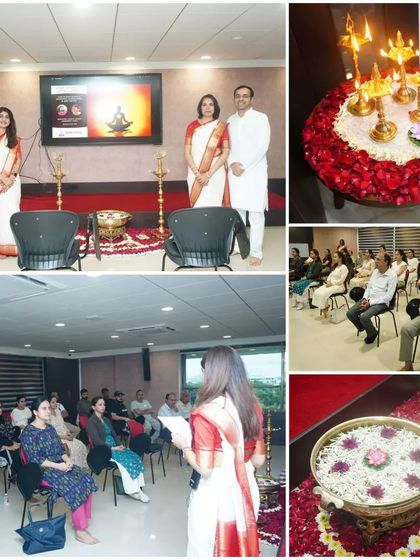 This collage captures moments from our simultaneous 5-city Inner Awakening event. It shows participants and the sacred atmosphere created with lamps and flowers in one of the locations.