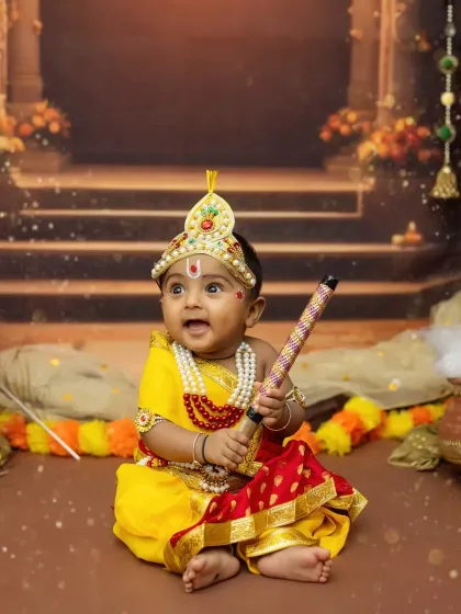 A look of wonder on this baby's face as he sits in his adorable Krishna outfit.