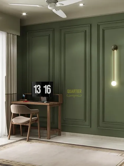 A 3D render showing the workstation area in the ATS Rhapsody master bedroom. The design uses a deep olive green wall with classic paneling to create a sophisticated and inspiring space for work or study.