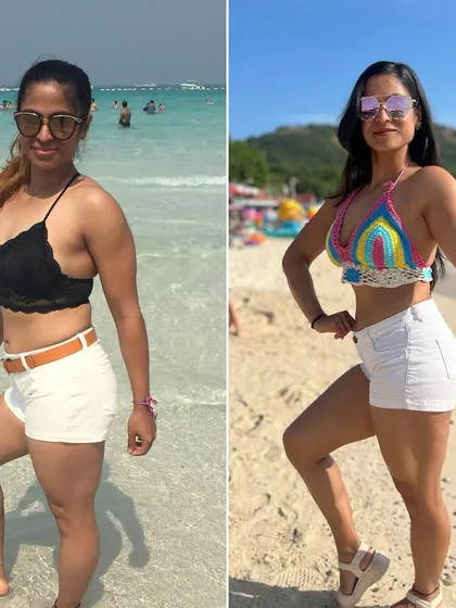 A side-pose comparison from my two Thailand vacations. The photo on the right shows a stronger, more muscular physique, even at a higher body weight.