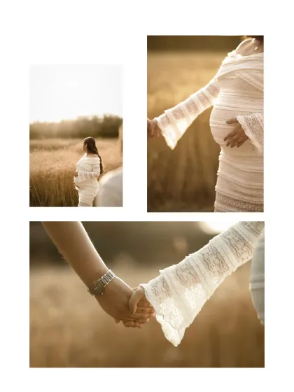 A collage of beautiful details from the wheat field shoot. It shows the couple holding hands, a close-up of the dress texture, and a wider shot of the golden landscape, telling a complete visual story.