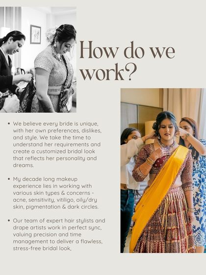 How do we work? I believe every bride is unique. I take the time to understand your preferences and work with my team of expert hair stylists and draping artists to deliver a flawless, stress-free bridal look.