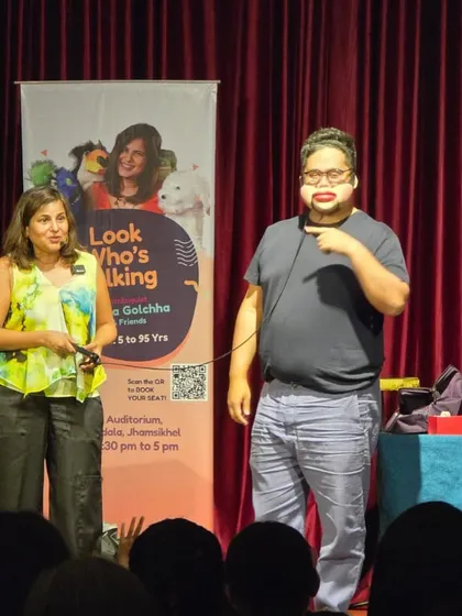 Turning an audience member into a live human puppet during a sold-out solo show. This interactive comedy segment is all about clean, inclusive fun that gets the whole room laughing together.
