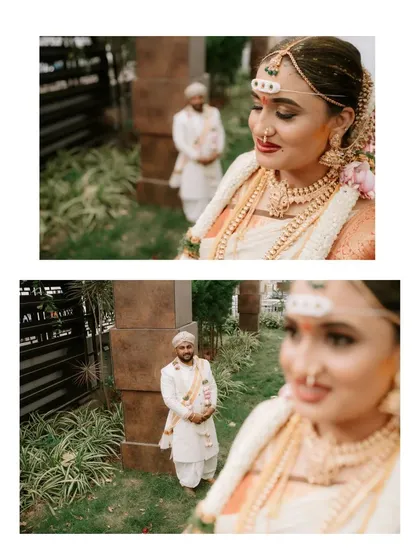 A creative "first look" style shot, capturing the groom's anticipation in the background as the bride glows in the foreground. This storytelling approach adds depth and emotion to your wedding album.