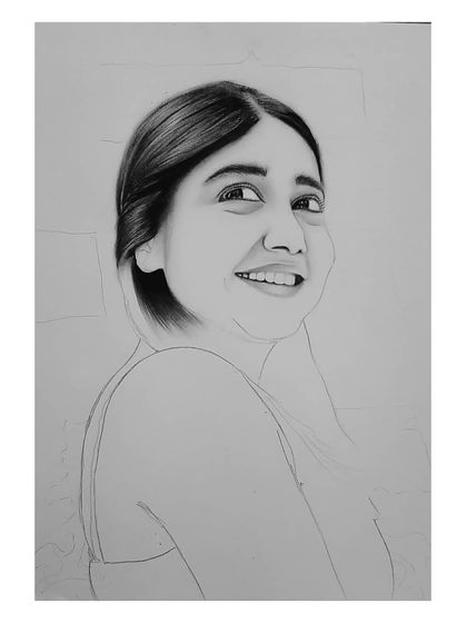 The step-by-step process of drawing Prajakta Koli. These images show how I build up the portrait from a simple outline to a fully rendered, smiling face.