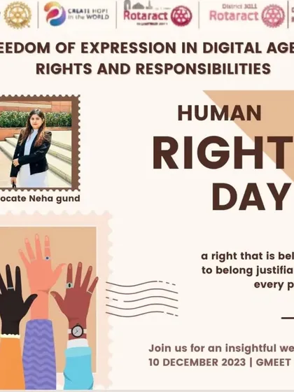 The poster for an insightful webinar I conducted on Human Rights Day with the Rotaract Club of Delhi University, discussing freedom of expression in the digital age.