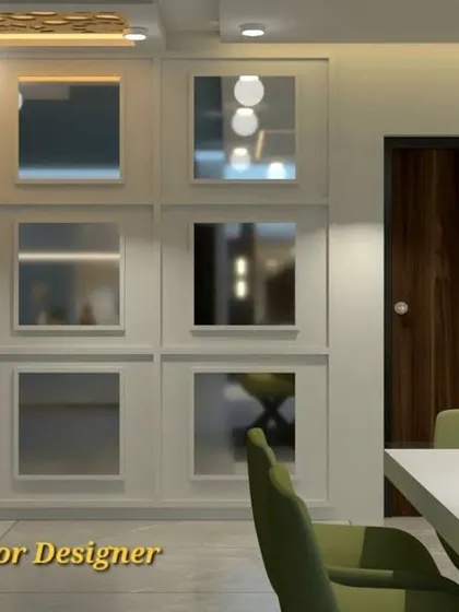 A unique feature wall with a grid of nine square mirrors. This design element not only serves as decor but also reflects light and makes the dining area feel larger.
