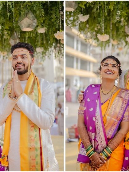 A collage of the couple looking up towards their future together. Their happiness is palpable.