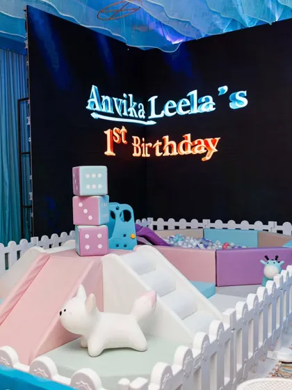 A dedicated soft play area for the youngest guests. The pastel-colored ball pit and climbing blocks provide a safe and fun space for toddlers to play, all within the party's theme.