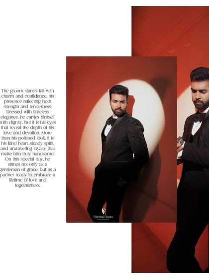 A stylish collage of the groom in his tuxedo, with a spotlight creating a cinematic feel.