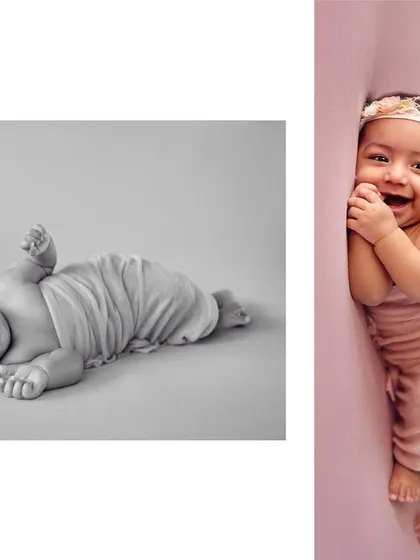 A collage from a 4-month-old's mini session, showing both a classic black and white shot and a playful color portrait.