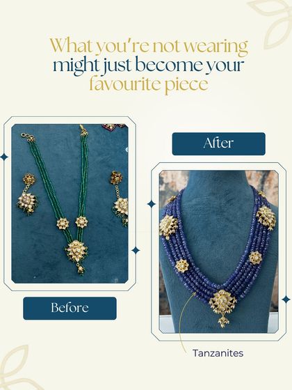 A small kundan pendant set, which the client never wore, became her favorite piece. We transformed it by adding a rich tanzanite mala, turning it into a bold and stunning statement necklace.