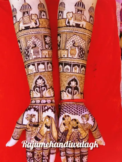 Here, the palms are dedicated to the bride and groom during the wedding ceremony. The arms continue the story with elephants, peacocks, and swans, all auspicious symbols in Indian weddings.