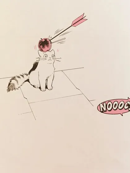 A hilarious panel from 'Marvel Meow' showing Hawkeye's archery practice getting a little too close for comfort.