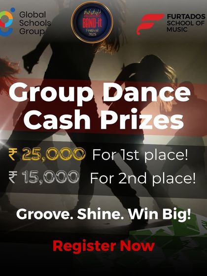 An exciting announcement of cash prizes for the group dance category in the Band-It festival. This poster is designed to motivate dance crews to register and compete for a significant reward.