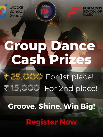 An exciting announcement of cash prizes for the group dance category in the Band-It festival. This poster is designed to motivate dance crews to register and compete for a significant reward.