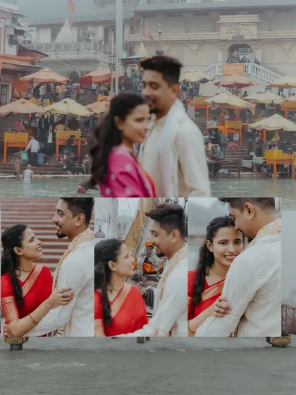 A creative collage of a pre-wedding shoot on the busy ghats of Haridwar, capturing intimate moments amidst the crowd.