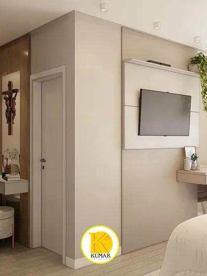 This bedroom design includes a separate prayer and dressing nook, showcasing our ability to create multi-functional spaces.