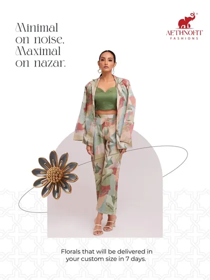 This is for when you want to be minimal on noise but maximal on nazar. I designed this floral silk co-ord set for that effortless, chic look. It’s my take on western wear with a desi twist, and I can custom-fit it for you in just 7 days.