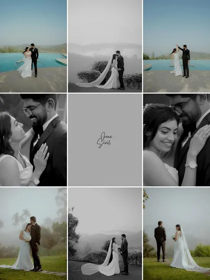 A grid collage showcasing a variety of moments from their hilltop Christian wedding, from grand scenic shots to intimate close-ups.