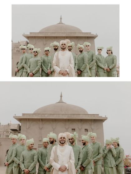 A stylish two-part portrait of the groomsmen. Their coordinated green outfits and cool poses create a modern and memorable group shot.