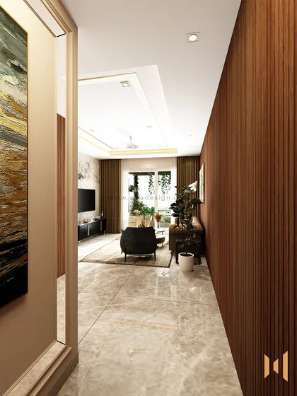 A view from the entrance of a modern luxury home at Sobha Royal Pavilion, where a fluted wood panel wall guides you into the sophisticated living space.