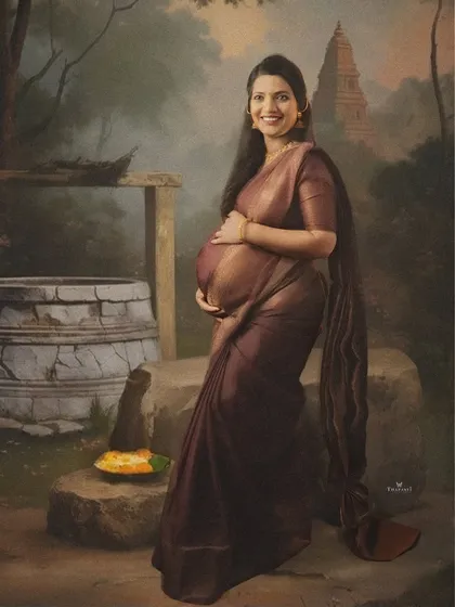Inspired by the timeless paintings of Raja Ravi Varma, I create fine art portraits that look like they belong in a gallery. This is a unique way to turn your maternity photo into an heirloom.
