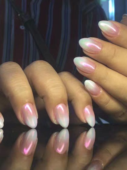 Another angle of the pearlescent pink and white ombre, showing off its beautiful shimmer.